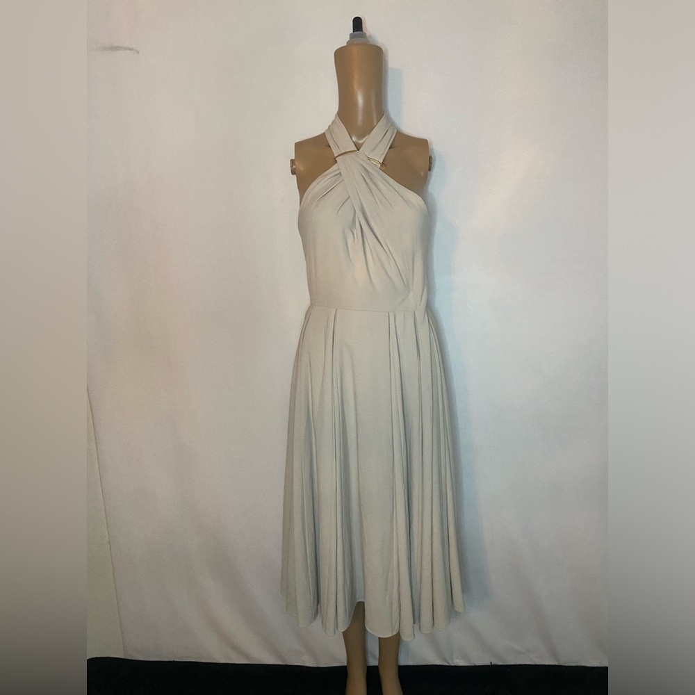 Halston heritage creme parchment sleeveless vneck halter long dress goldaccents
